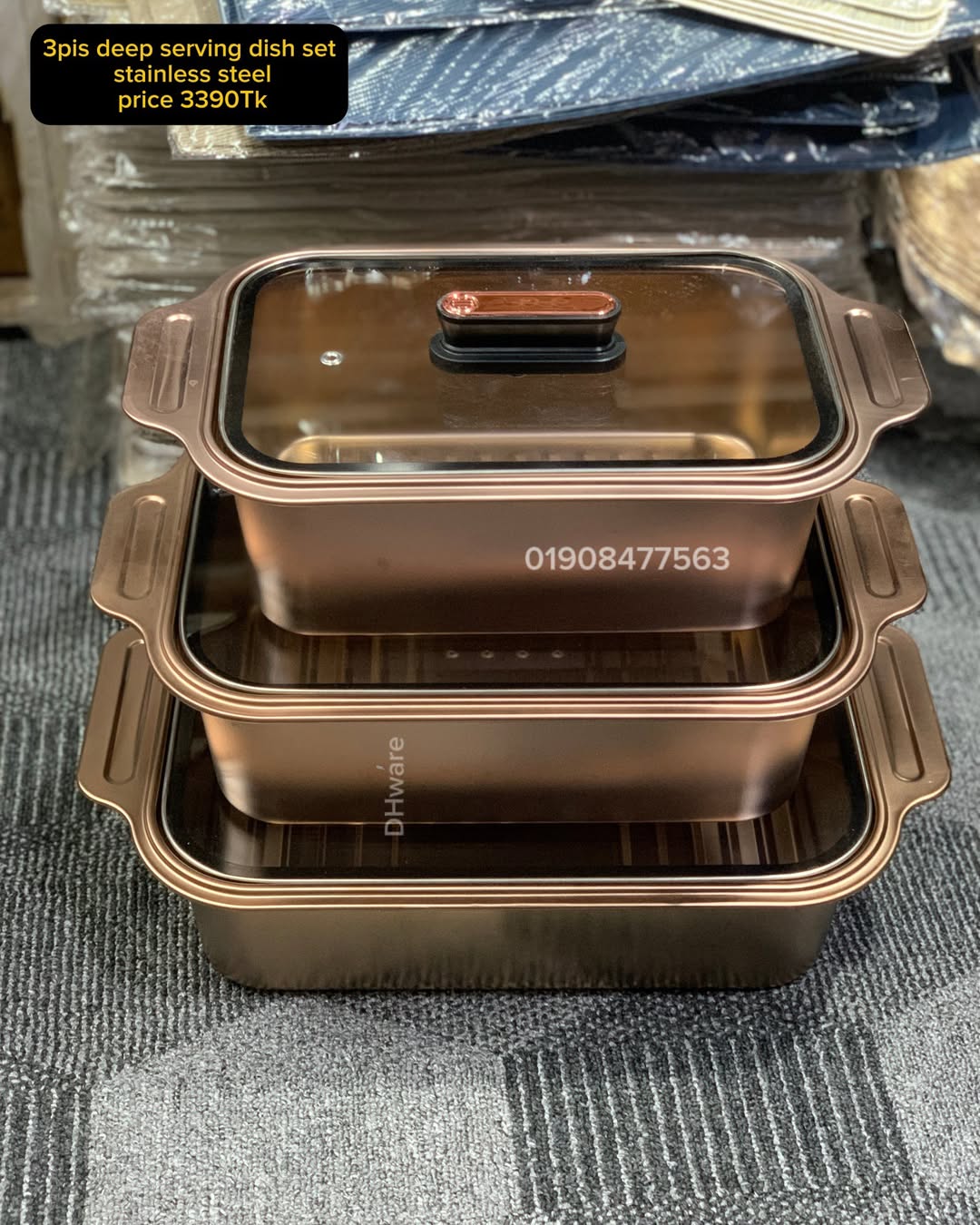 3pcs Rose Gold Stainless Steel Serving Dish With Glass Lid ( Model : Deep Stripe )